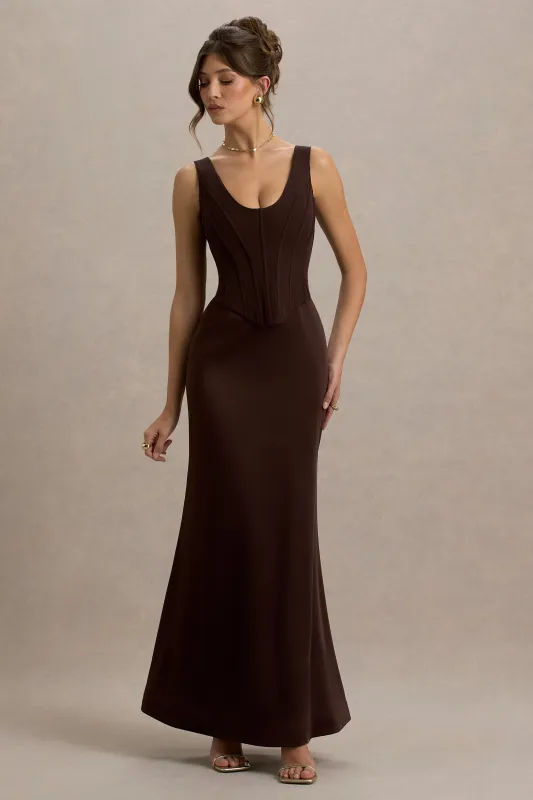 Morgan | Brown Satin Corset Maxi Dress sold by Club L London