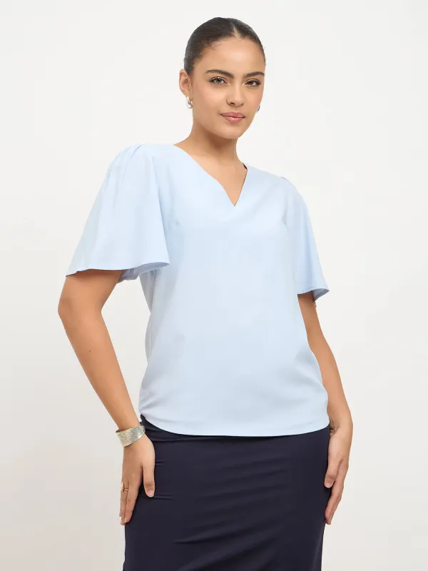 Elix Flared Sleeves V-neck Top-Powder Blue sold by Salt Attire