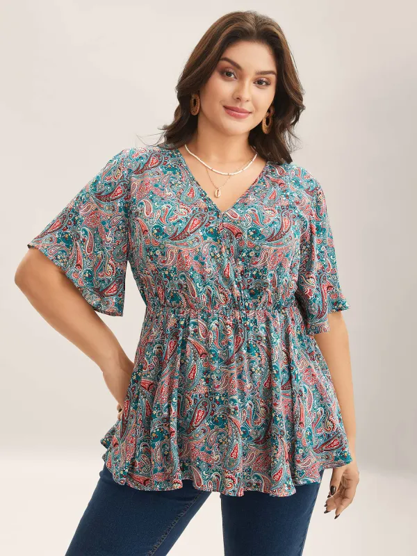 Paisley Print V-Neck Flared Sleeve Blouse sold by Bloomchic
