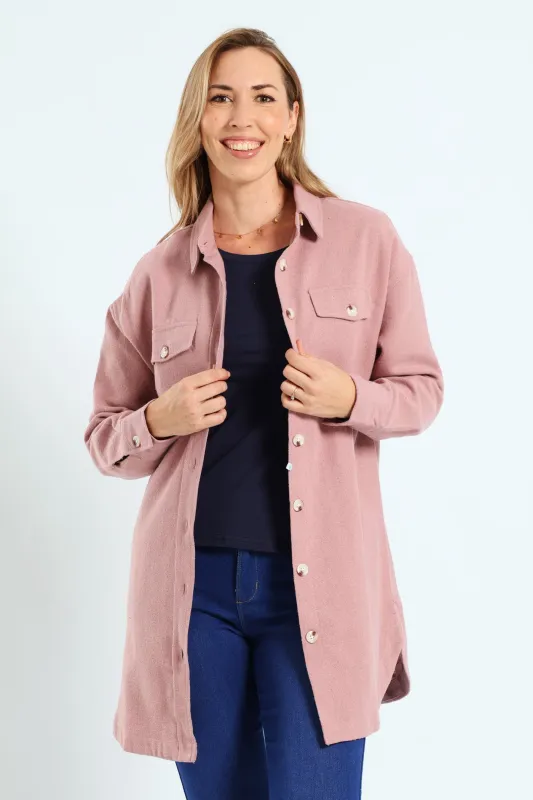 Curved Hem Long Length Lined Melton Shacket - Blush sold by Edgars