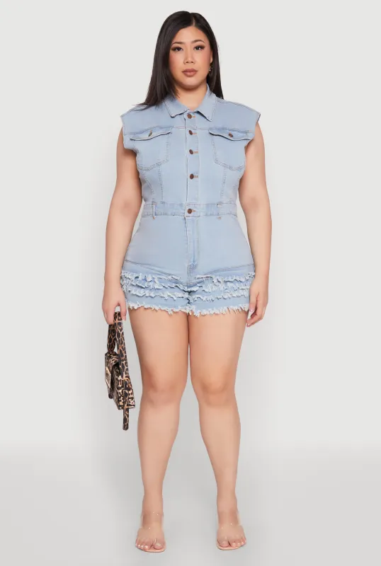 Plus Size Daisy Frayed Tiered Hem Denim Romper sold by Rainbow