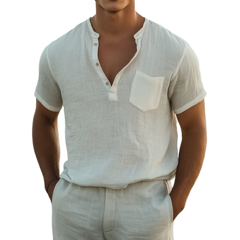 Men's Casual Breathable Linen Henley Collar Patch Pockets Loose Short Sleeve Shirt MTA0615E0M sold by Manly