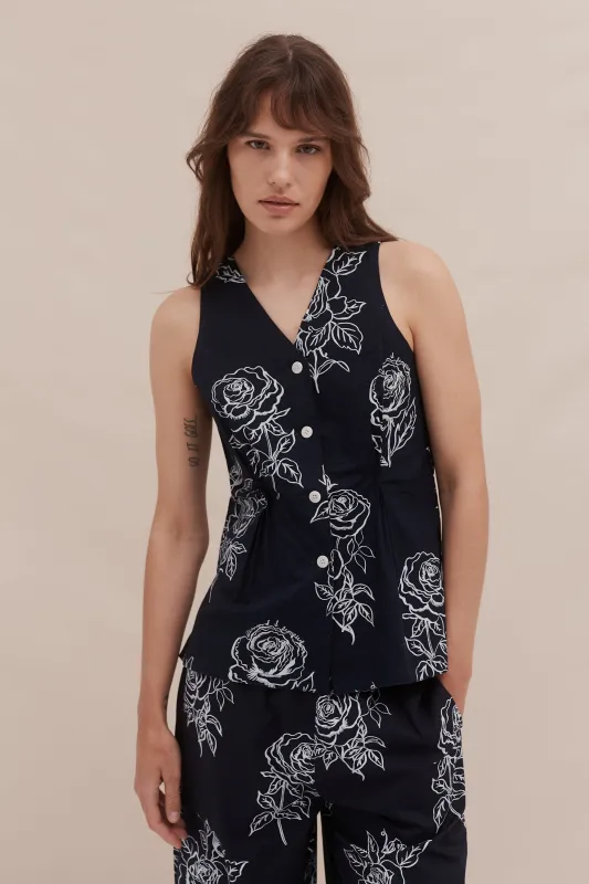 402 Vest Cami Posy Navy sold by Desmond & Dempsey