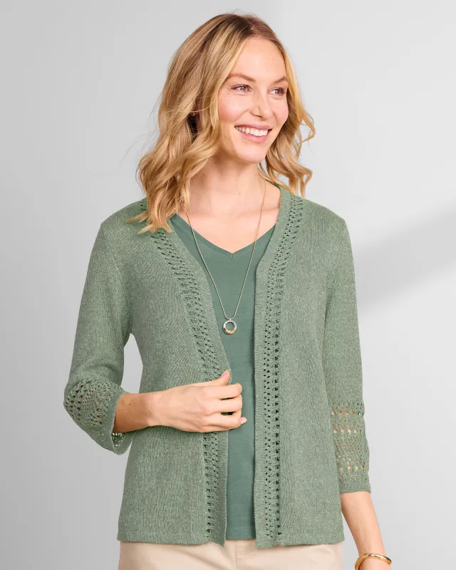 Appleseeds Women's Linen/Cotton Crochet-Trim Cardigan  - Green - L - Misses sold by Buff