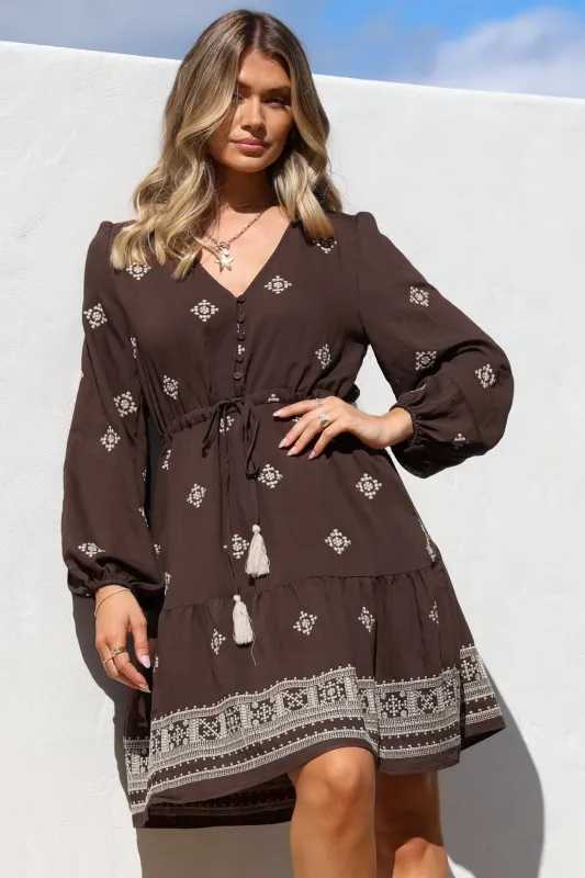 Rylie Mini Dress - Embroidered Long Sleeve Dress with Pull Tie Waist in Vesper Print Brown sold by Salty Crush