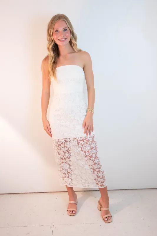 April Strapless Lace Midi Dress, Cream sold by North & Main Clothing Company