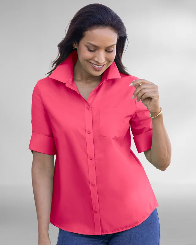 Appleseeds Women's Foxcroft® Elbow-Sleeve Camp Shirt - Pink - 8P - Petite sold by Buff