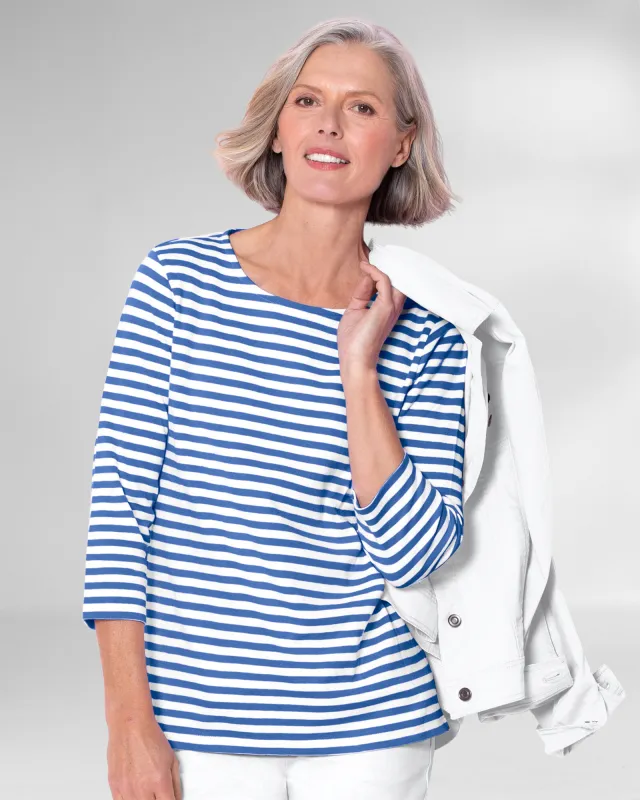 Appleseeds Women's Essential Cotton Striped Three-Quarter-Sleeve Tee - Multi - PL - Petite sold by Buff