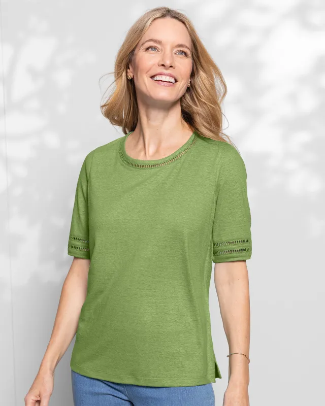 Appleseeds Women's Linen-Blend Elbow-Sleeve Tee - Green - S - Misses sold by Buff
