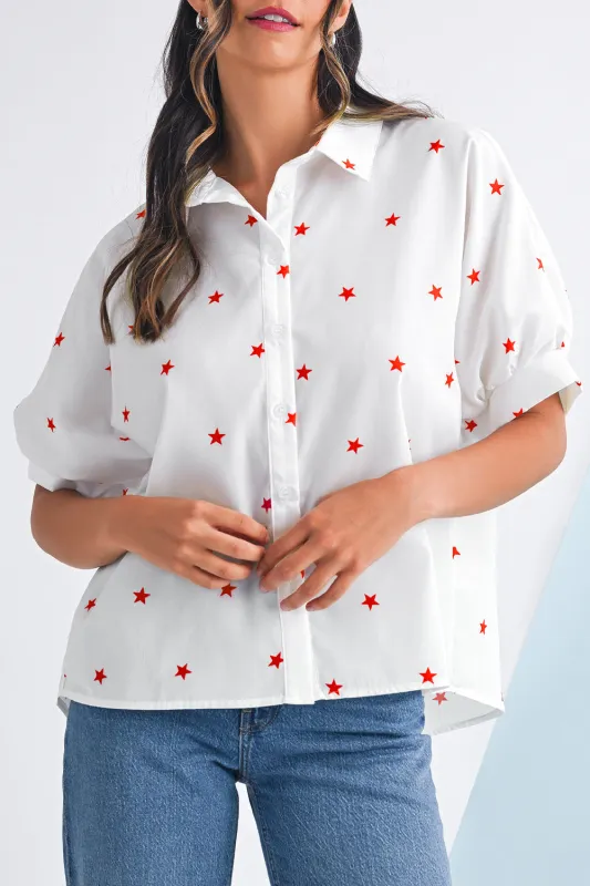 White Stars Half Puff Sleeve Loose Shirt sold by Beagle Boutique
