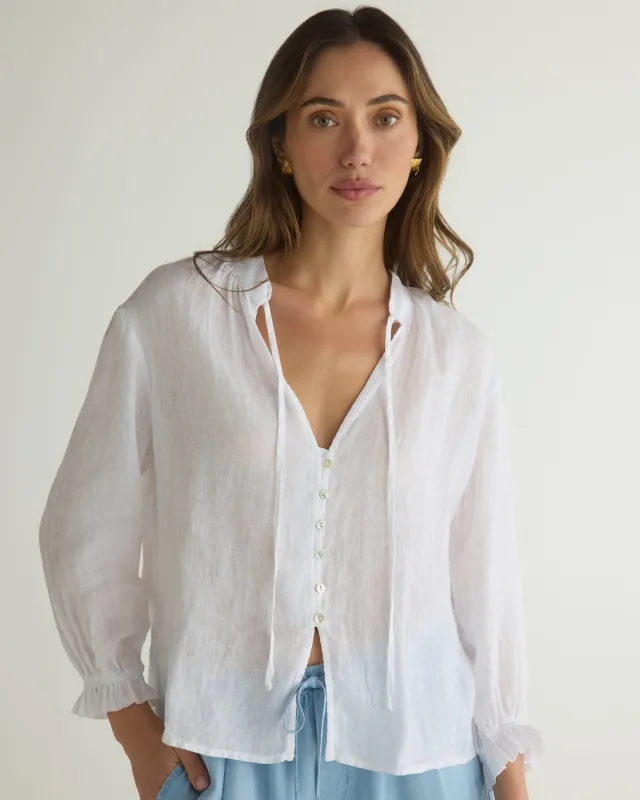 3/4 Sleeve Tie Neck Blouse - White sold by Bella Dahl