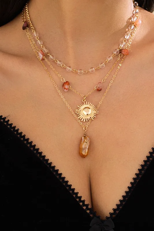 Stone Sunflower Bead Decor Metallic Necklace sold by Micas