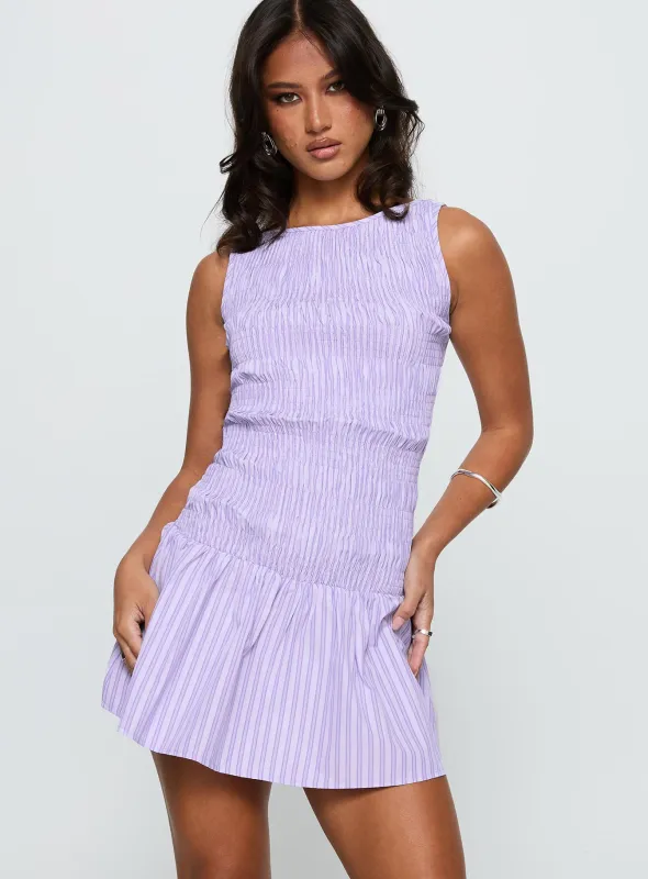 Home Grown Shirred Mini Dress Lilac Stripe sold by Princess Polly