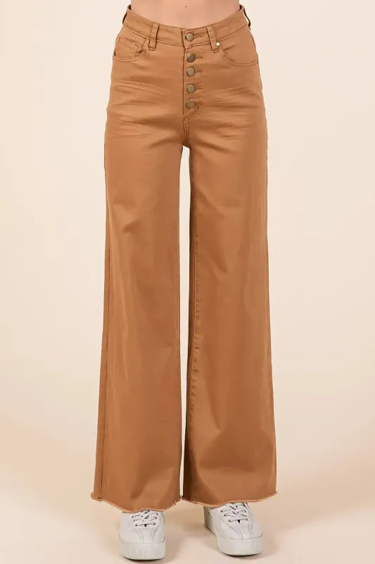 Twill High Waisted Button Fly Wide Leg Pants sold by Body Central