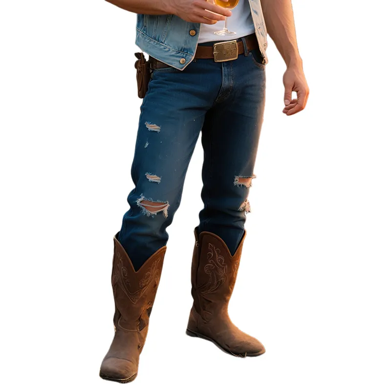 Men'S Retro Casual Western Cowboy Style Denim Washed Ripped Jeans MTA1079E4TO sold by Manly