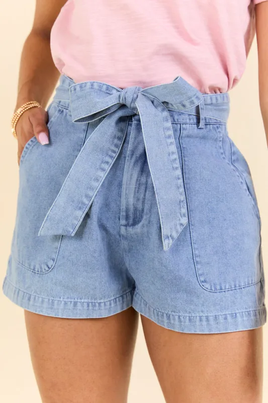 Wherever You Are Light Wash Belted Denim Shorts SALE sold by Pink Lily