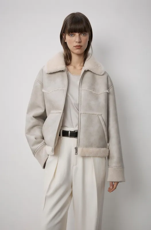 "Makino's Fun" Lapel Wool Artificial Compound Leather Short Style Shearling Jacket sold by Firelady Sheepskin