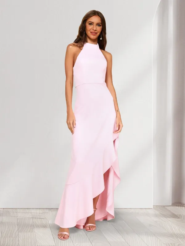 Sheath/Column Halter Sleeveless Sexy Asymmetrical Bridesmaid Dresses with Ruffles sold by Lavetir