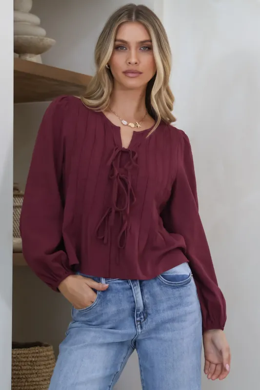 Addison Top - Cotton Tie Down Pleated Front Long Sleeve in Wine sold by Salty Crush
