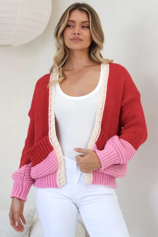 Rosie Cardigan - Cropped Color Block Cardigan in Red sold by Salty Crush