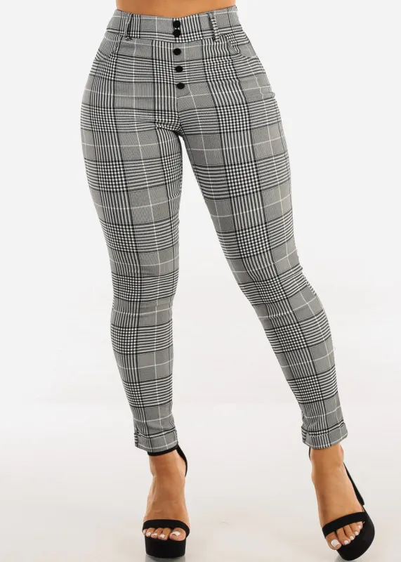 High Waisted Plaid Stretch Skinny Pants Black & White sold by Moda