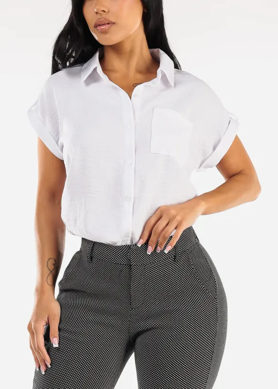 Short Sleeve Button Up Collared Blouse White sold by Moda