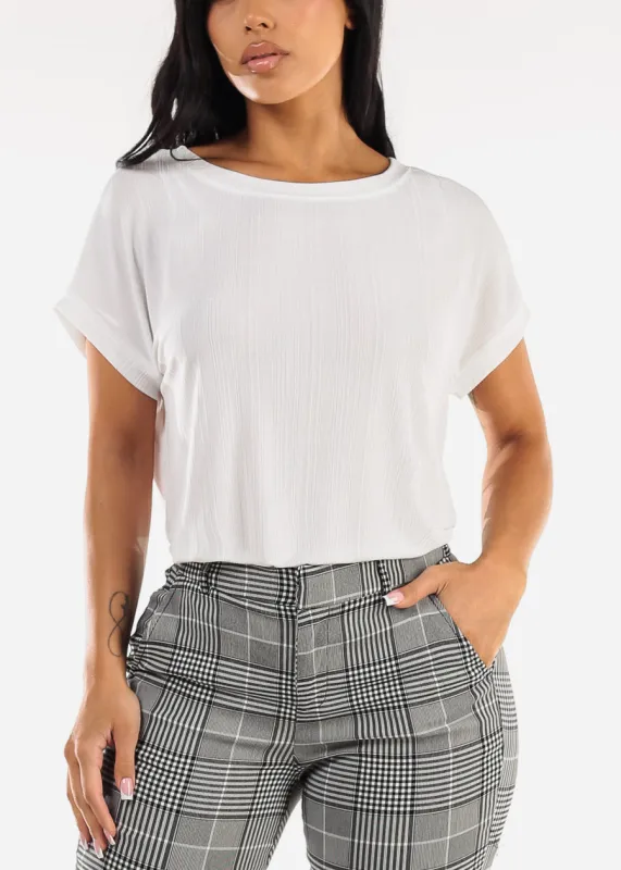 Short Sleeve Round Neckline Stretchy Blouse White sold by Moda