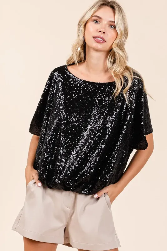 Mittoshop Sequin Short Sleeve Elastic Band Hem Top sold by Charming Charlie
