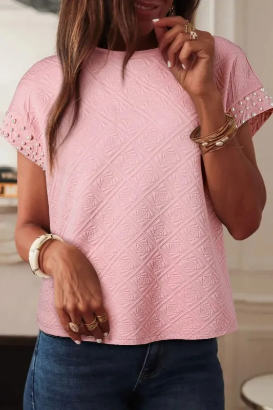 Pearl Embellished Flower Textured T Shirt sold by Charming Charlie