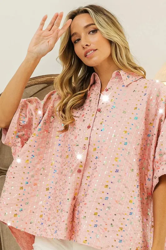 BiBi Sequin Striped Short Dolman Sleeve Blouse sold by Charming Charlie