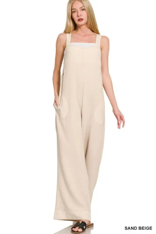 Zenana Double Gauze Washed Wide Leg Overalls sold by Charming Charlie