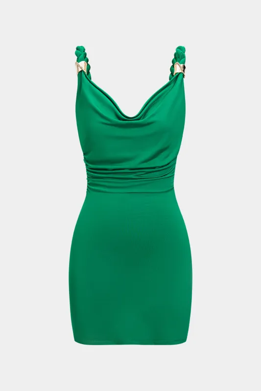 Cowl Neck Ruched Metallic Decor Braided Sleeveless Mini Dress sold by Micas