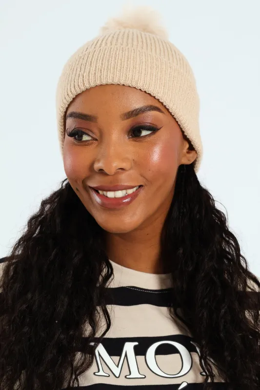 Knitted Turn Up Pom Pom Beanie - Oatmeal sold by Edgars