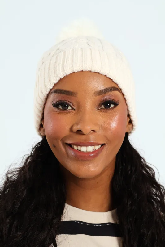 Knitted Turn Up Pom Pom Beanie - Cream sold by Edgars