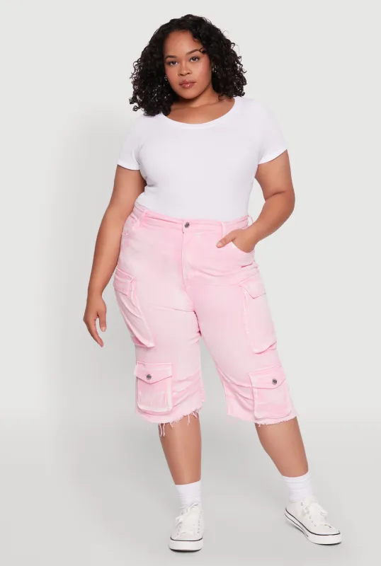 Plus Size Daisy Frayed Hem Denim Cargo Shorts sold by Rainbow