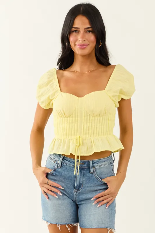 Lemon Pintuck Puff Sleeve Cotton Crop Peplum Top sold by Lime Lush