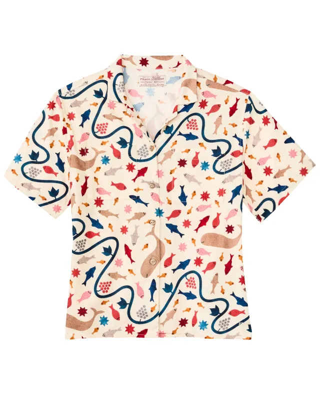 Women's Short Sleeve Camp Shirt - Natural / Whale Print sold by Filson