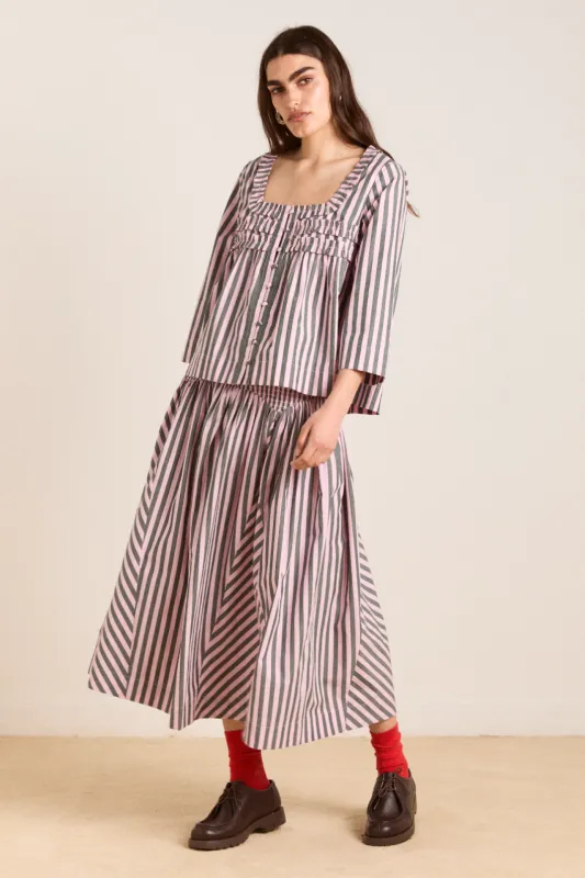 layla godet midi skirt - garden stripe sold by Damson Madder