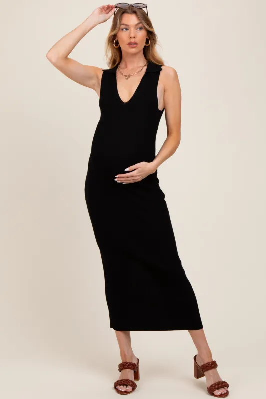 Black Knit Collared Deep V-Neck Maternity Maxi Dress sold by Pinkblush