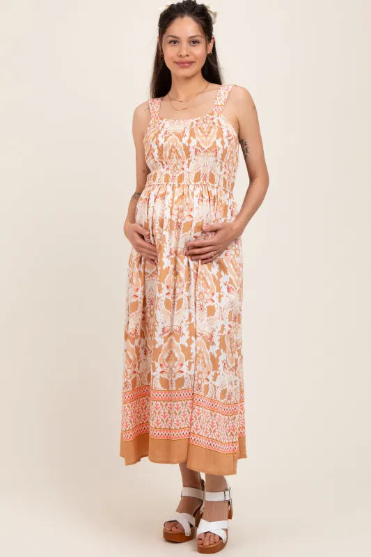 Camel Floral Sleeveless Smocked Maternity Midi Dress sold by Pinkblush