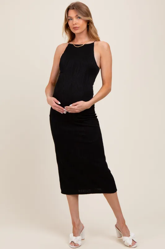 Black Textured Sleeveless Fitted Maternity Midi Dress sold by Pinkblush