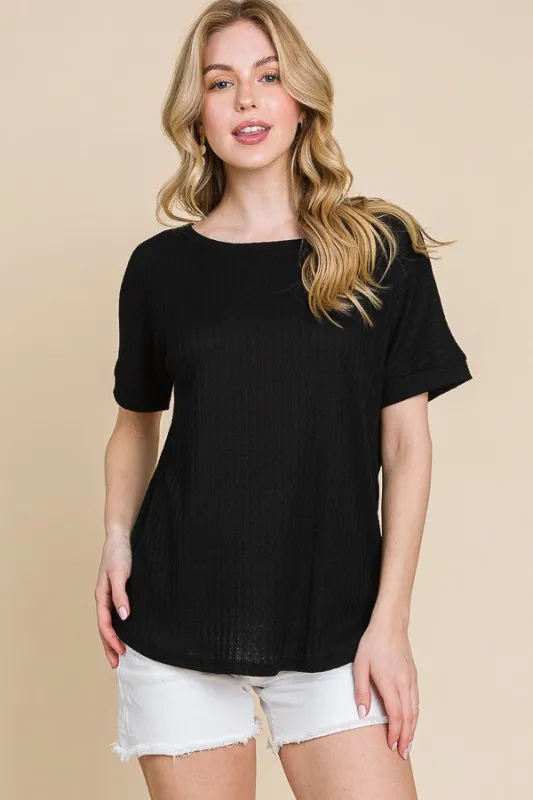 Black Ribbed Knit Short Sleeve Top sold by Pinkblush