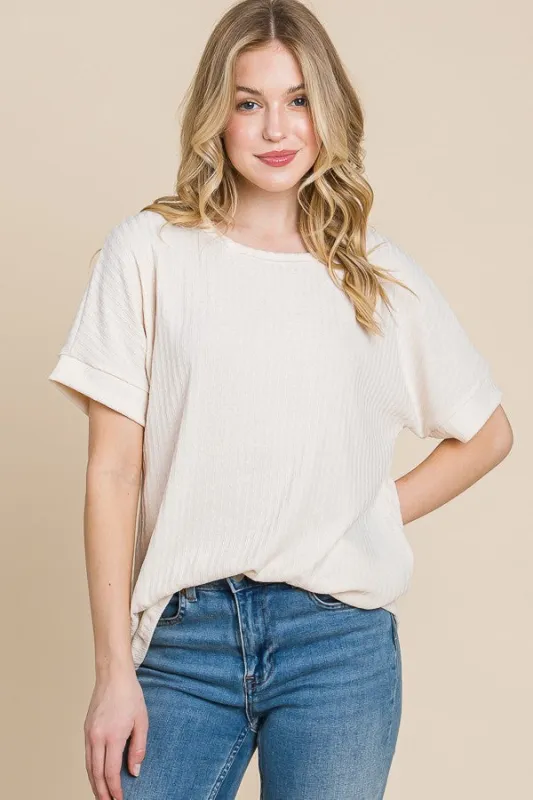 Ivory Ribbed Knit Short Sleeve Top sold by Pinkblush
