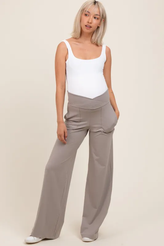 Light Taupe Crossover Waist Active Wide Leg Maternity Pant sold by Pinkblush