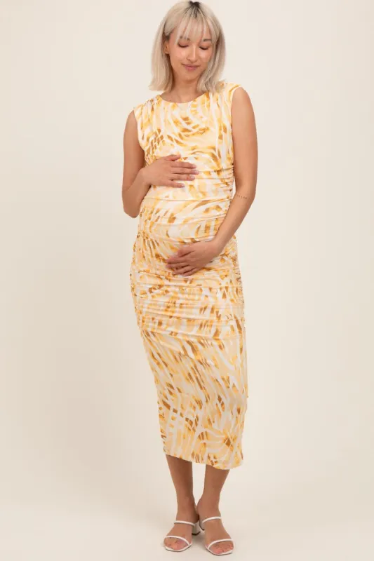 Yellow Printed Ruched Sleeveless Maternity Midi Dress sold by Pinkblush