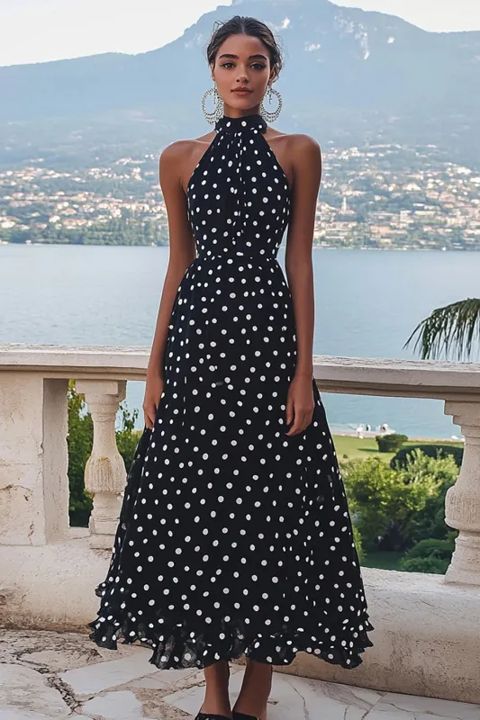 High Neck Black White A Line Polka Dots Dress sold by Zapaka
