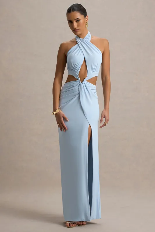 Aura | Powder Blue Halter-Neck Cut-Out Split Maxi Dress sold by Club L London