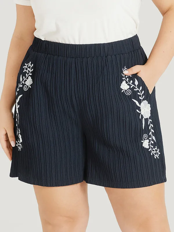 Floral Embroidered Textured Stretchy Waist Shorts sold by Bloomchic