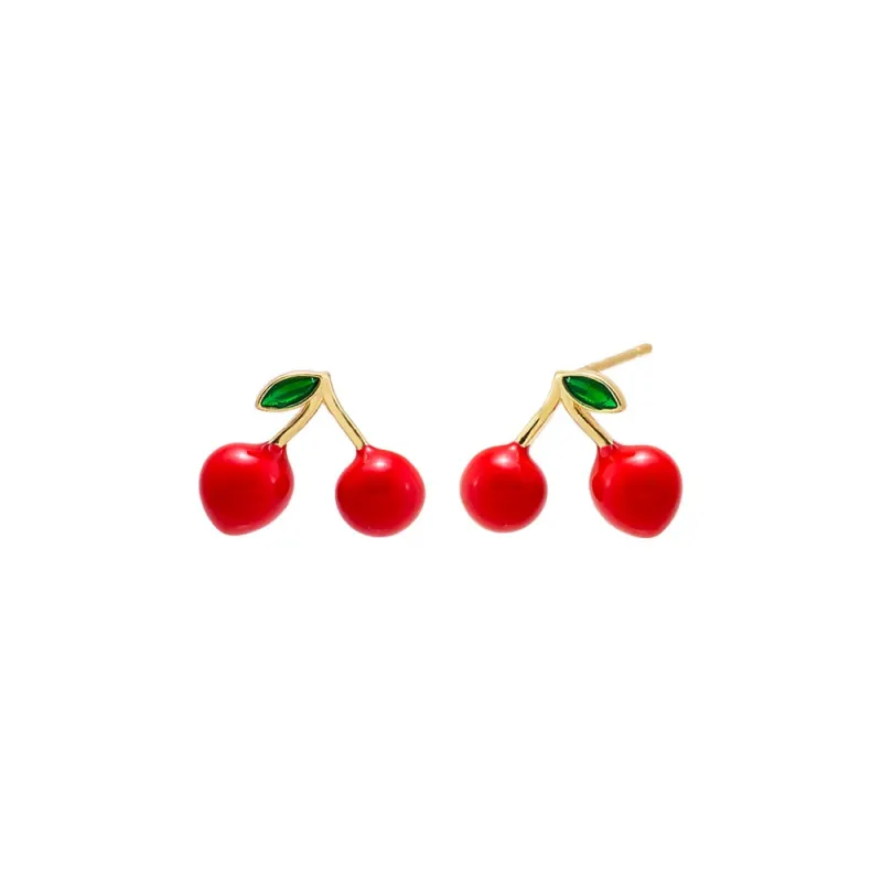 Red Enamel & Green CZ Cherry Stud Earring sold by Adina Eden's
