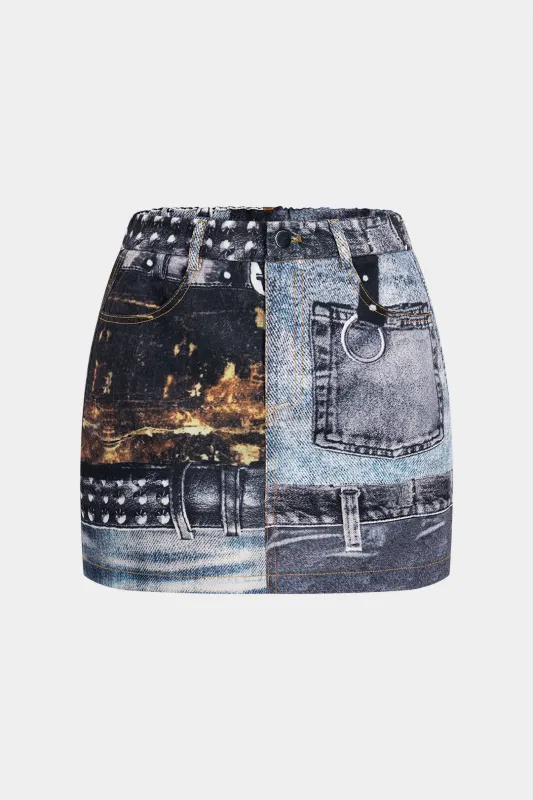 Trykt denim høj talje lomme nederdel sold by Micas